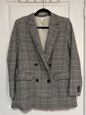 H&M Gray Plaid Double-Breasted Blazer